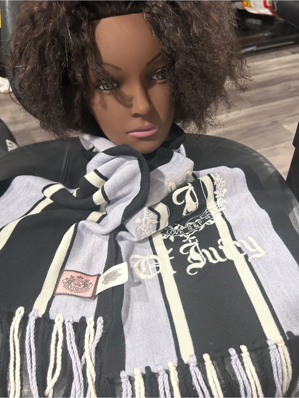 Juicy Couture Black, Light Gray & Cream Striped Logo Scarf